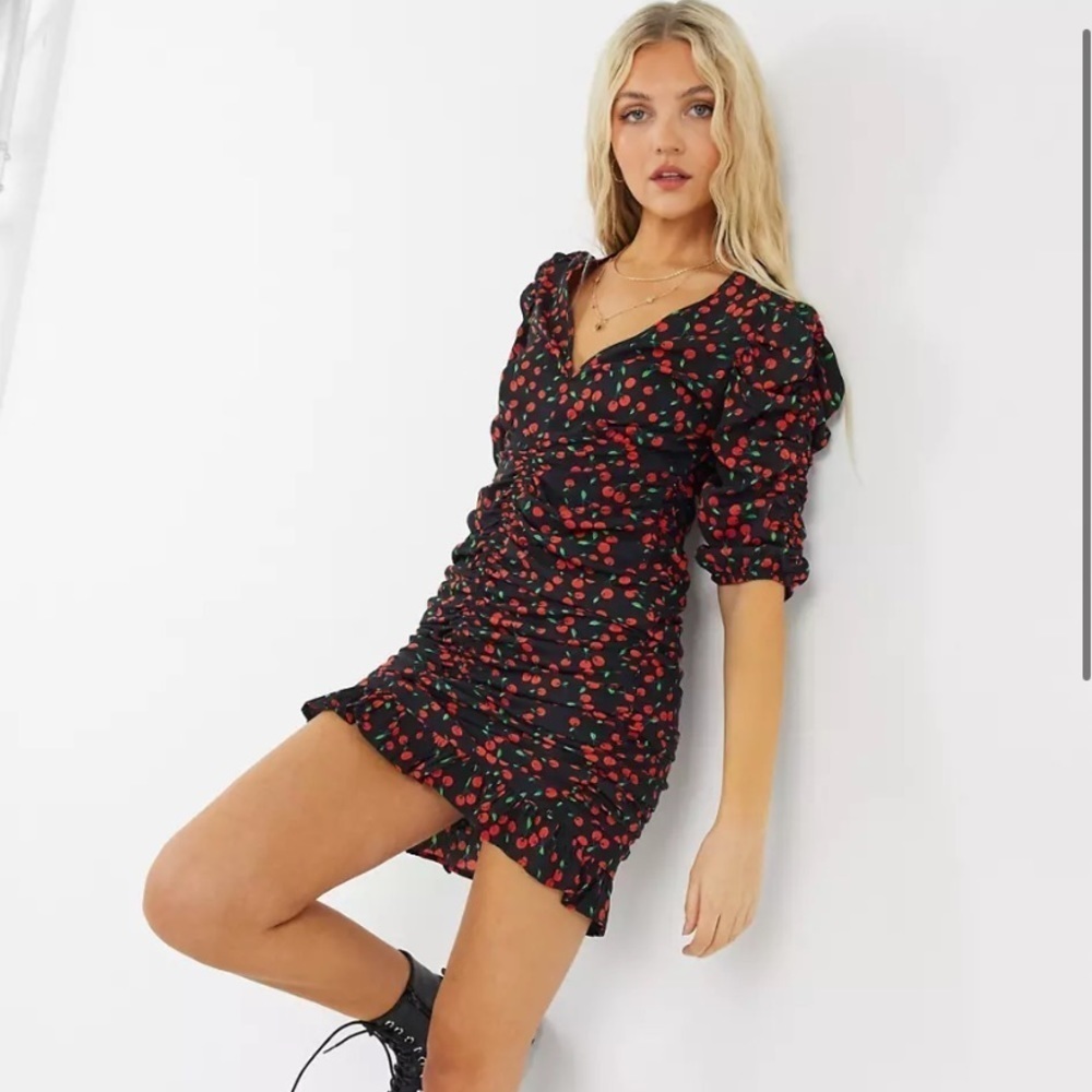 Wednesday's Girl mini tea ruched dress in cherry print Size XS